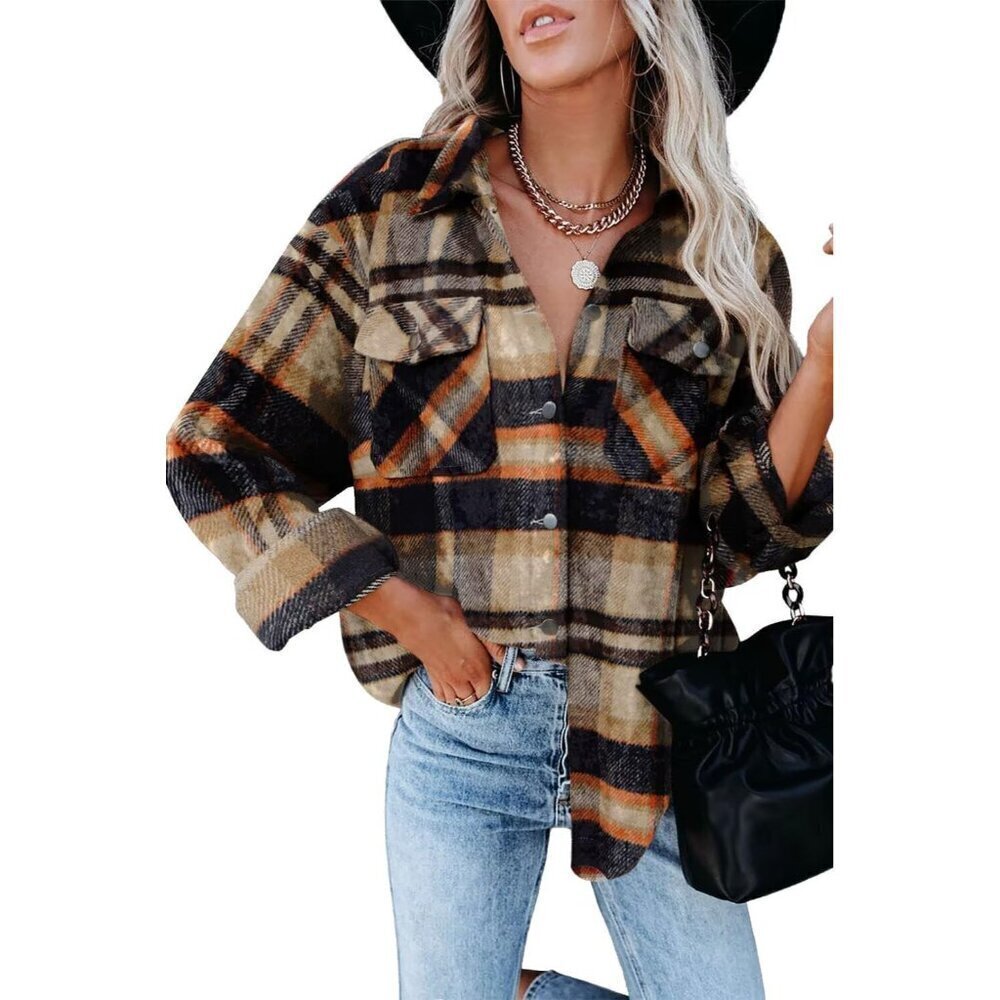 🆕Women's Orange Collared V Neck Button Down Oversized Long Sleeve Top Shirt